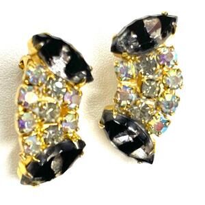 VINTAGE Earrings Givre Black AB Rhinestone Climber Vtg Costume Jewelry JU09